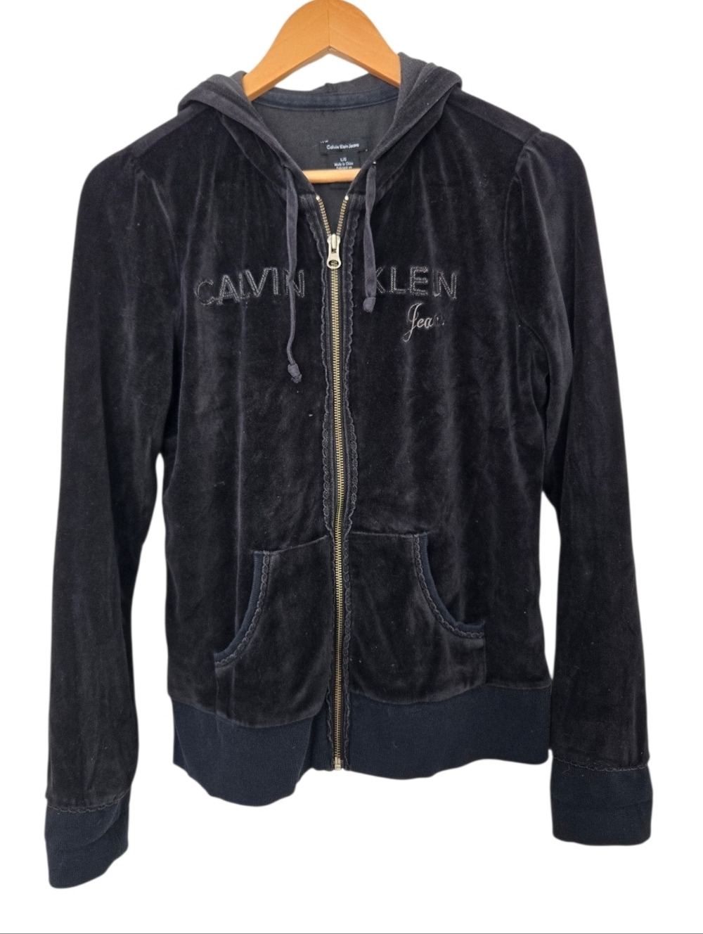 Calvin Klein Jeans Velour Zip Hoodie Black Size Large Y2K Cozy